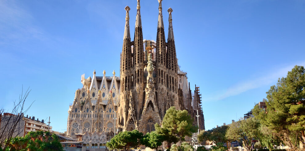 View of the Sagrada Familia, a large Roman Catholic church in Barcelona, Spain
