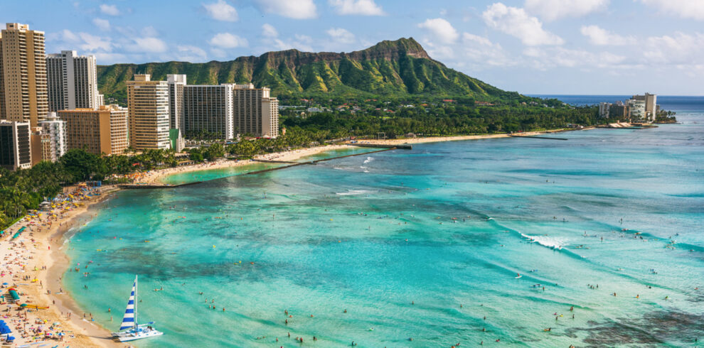 Hawaii beach Honolulu city travel landscape of Waikiki beach and Diamond Head mountain peak at sunset, Oahu island, USA vacation.